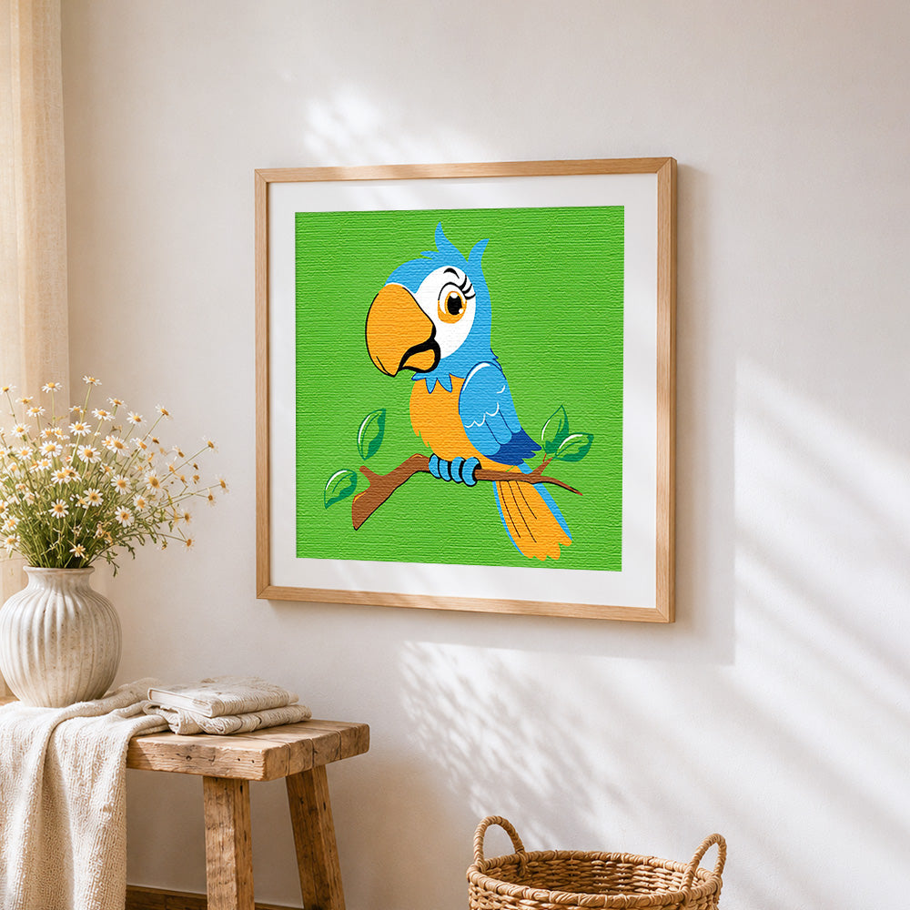 Cute cartoon blue parrot cross stitch artwork displayed on wall as home decor