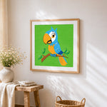 Cute cartoon blue parrot cross stitch artwork displayed on wall as home decor