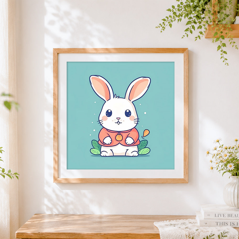 Finished cute cartoon bunny in a red coat cross stitch artwork displayed
