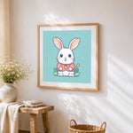 Cute cartoon bunny in a red coat cross stitch artwork displayed on wall as home decor