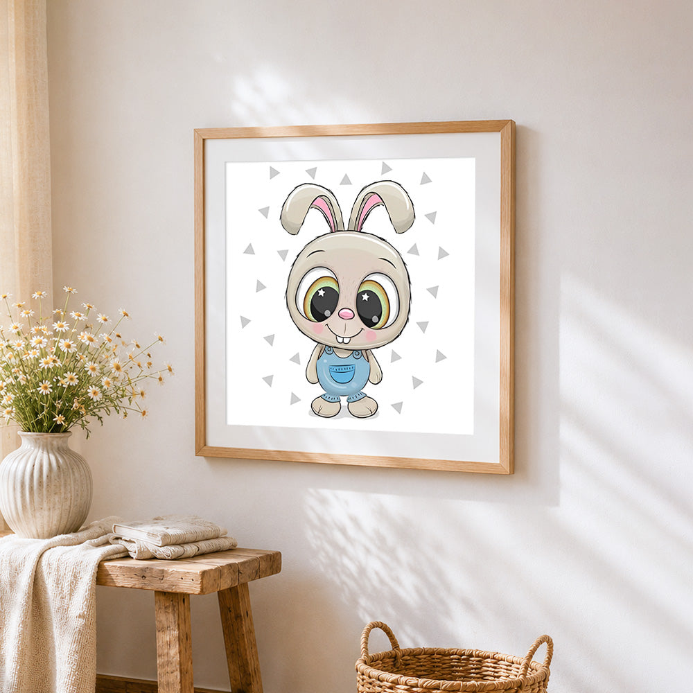 Cute cartoon bunny in dungarees cross stitch artwork displayed on wall as home decor