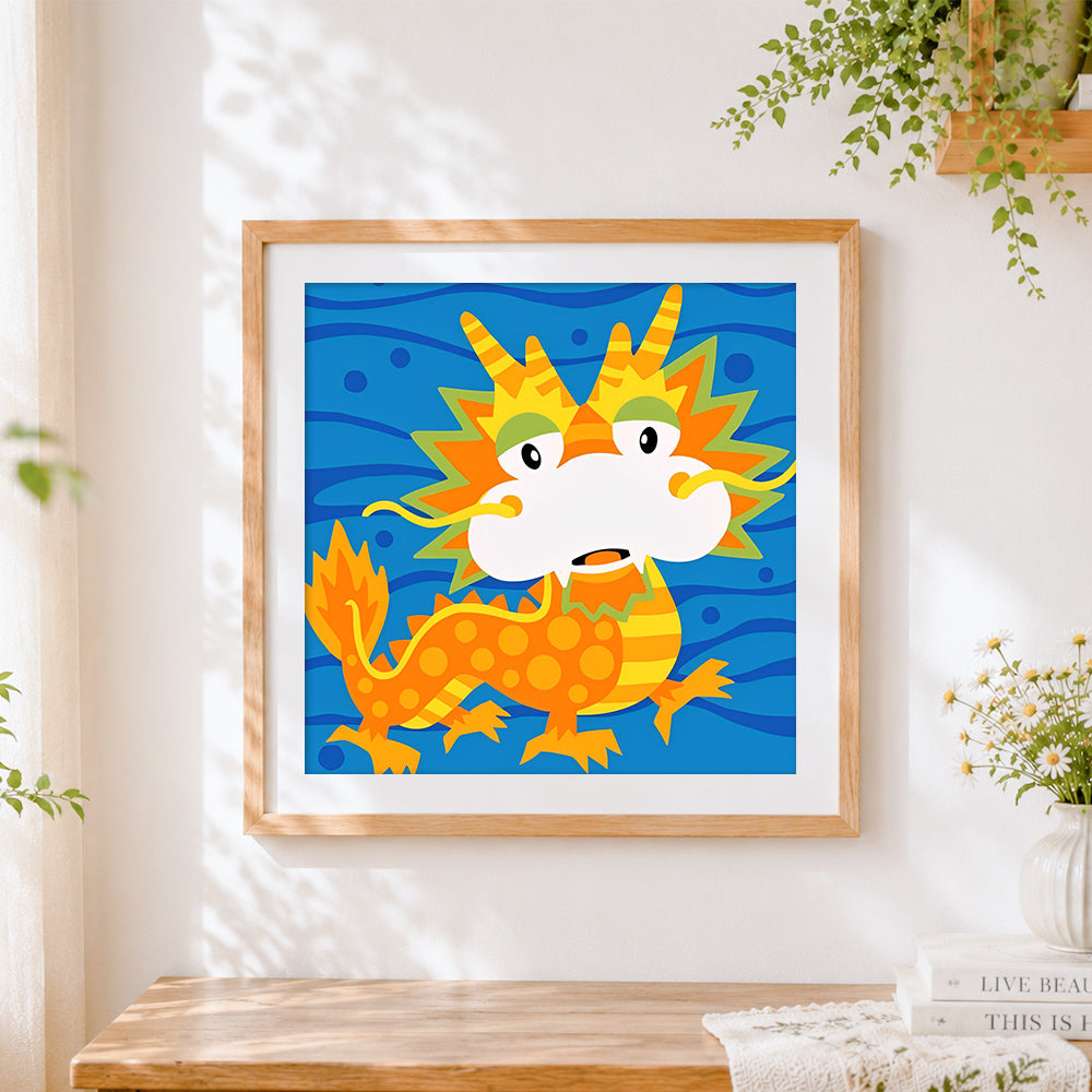 Finished cute cartoon chinese dragon cross stitch artwork displayed