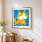 Cute cartoon chinese dragon cross stitch artwork displayed on wall as home decor