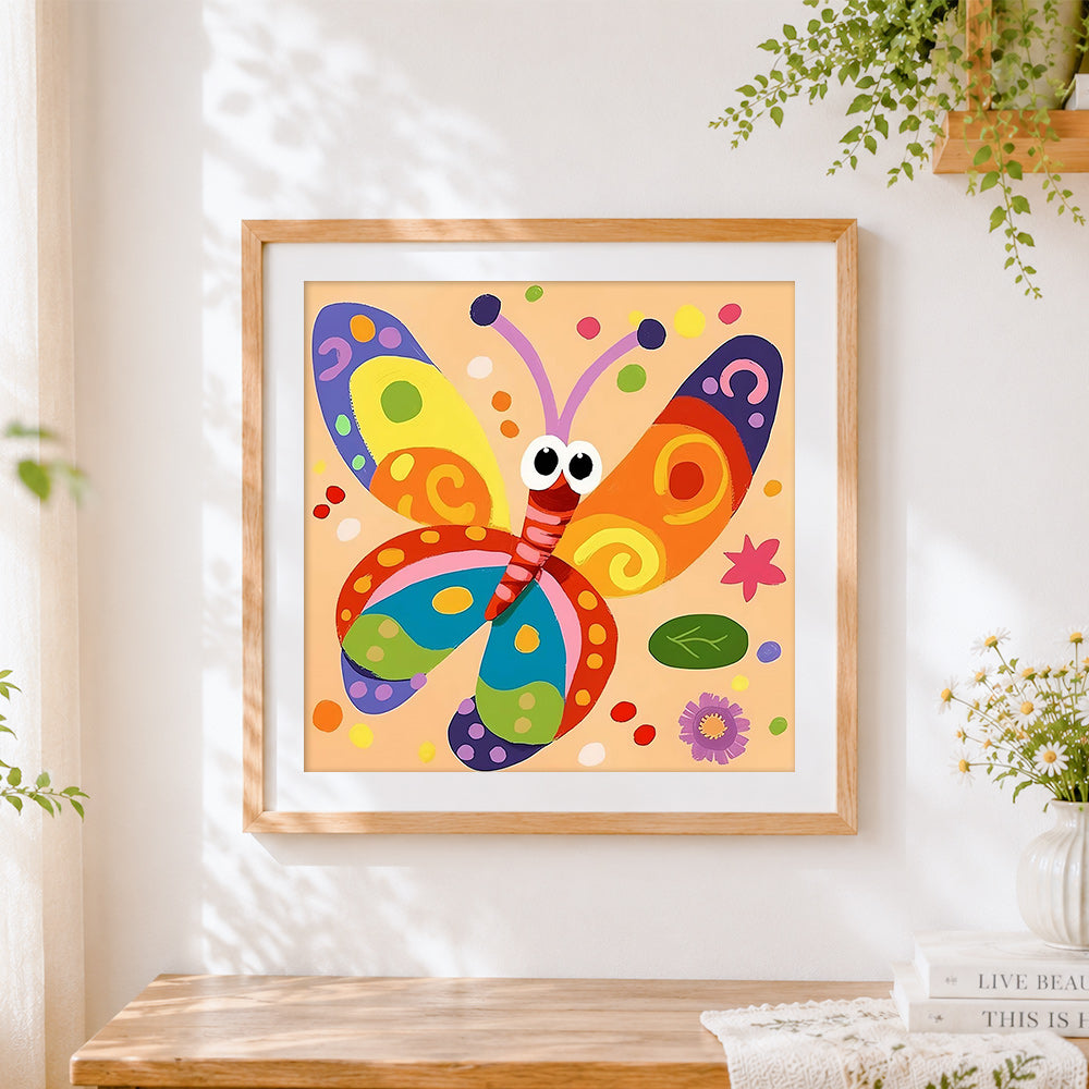 Finished cute cartoon colourful butterfly cross stitch artwork displayed