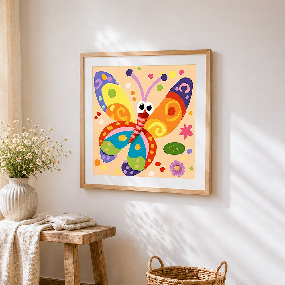 Cute cartoon colourful butterfly cross stitch artwork displayed on wall as home decor