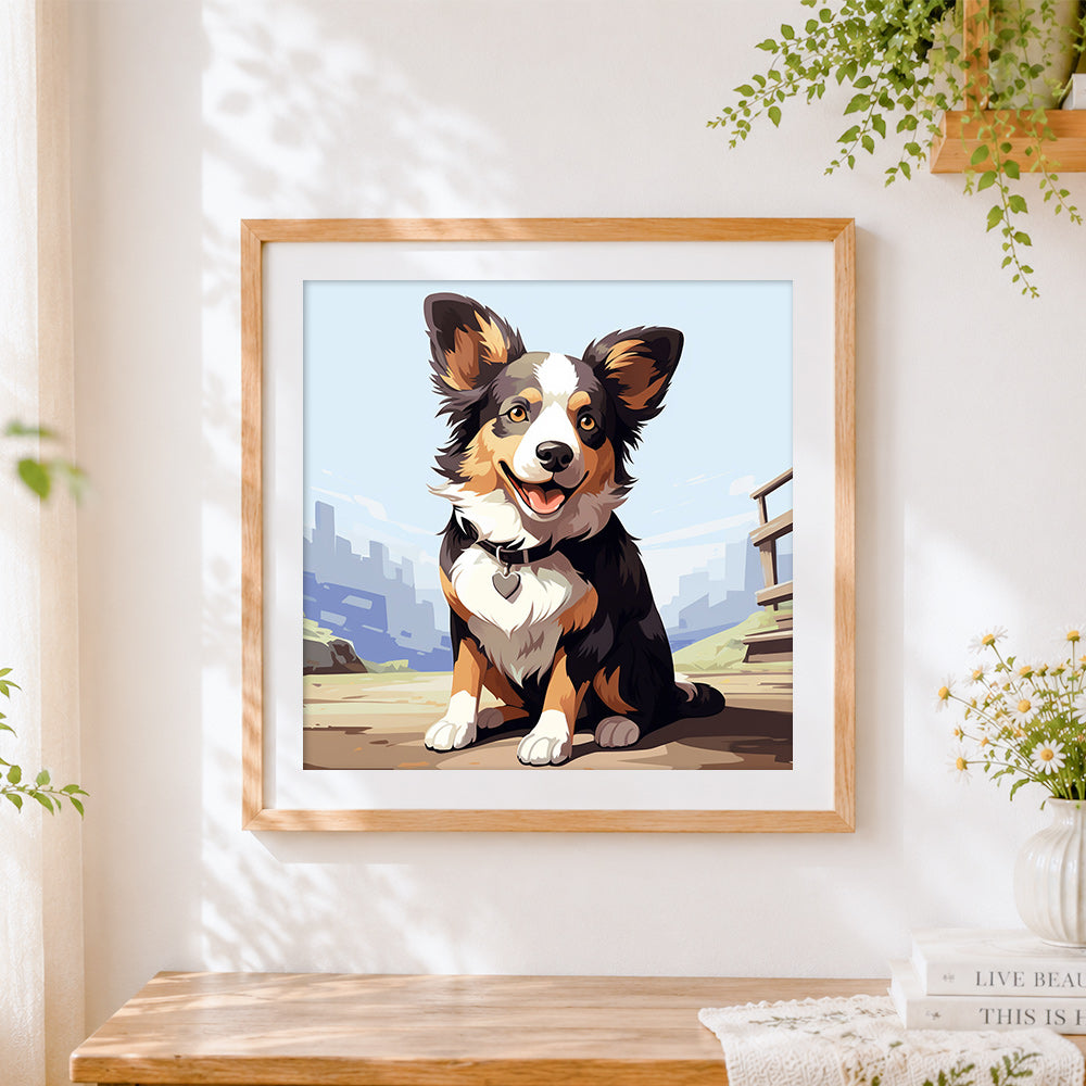 Finished cute cartoon corgi cross stitch artwork displayed