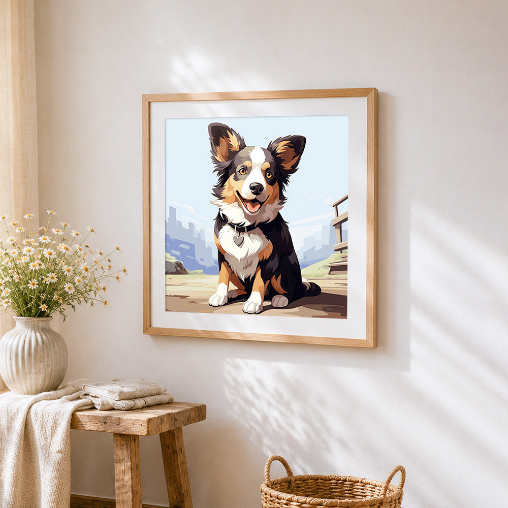 Cute cartoon corgi cross stitch artwork displayed on wall as home decor