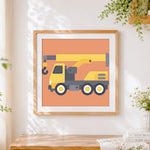 Finished cute cartoon crane truck cross stitch artwork displayed
