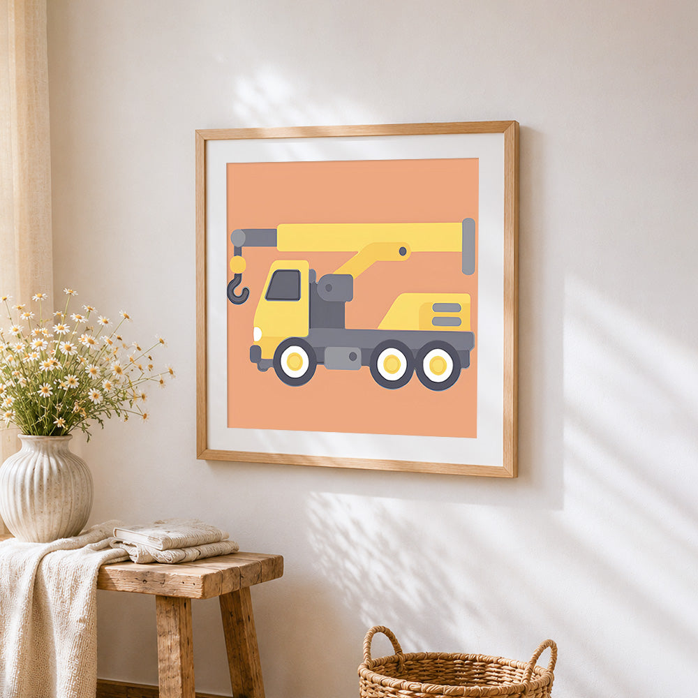 Cute cartoon crane truck cross stitch artwork displayed on wall as home decor