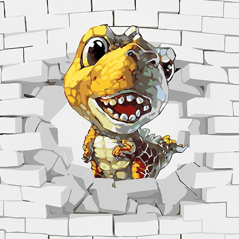 Cute cartoon dinosaur breaking through brick wall cross stitch kit for beginners
