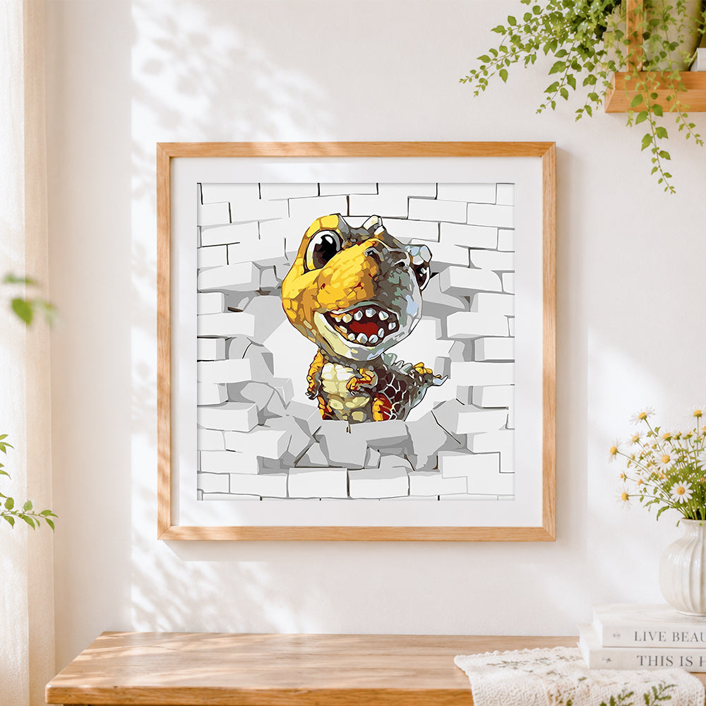 Finished cute cartoon dinosaur breaking through brick wall paint by numbers artwork displayed as home decor