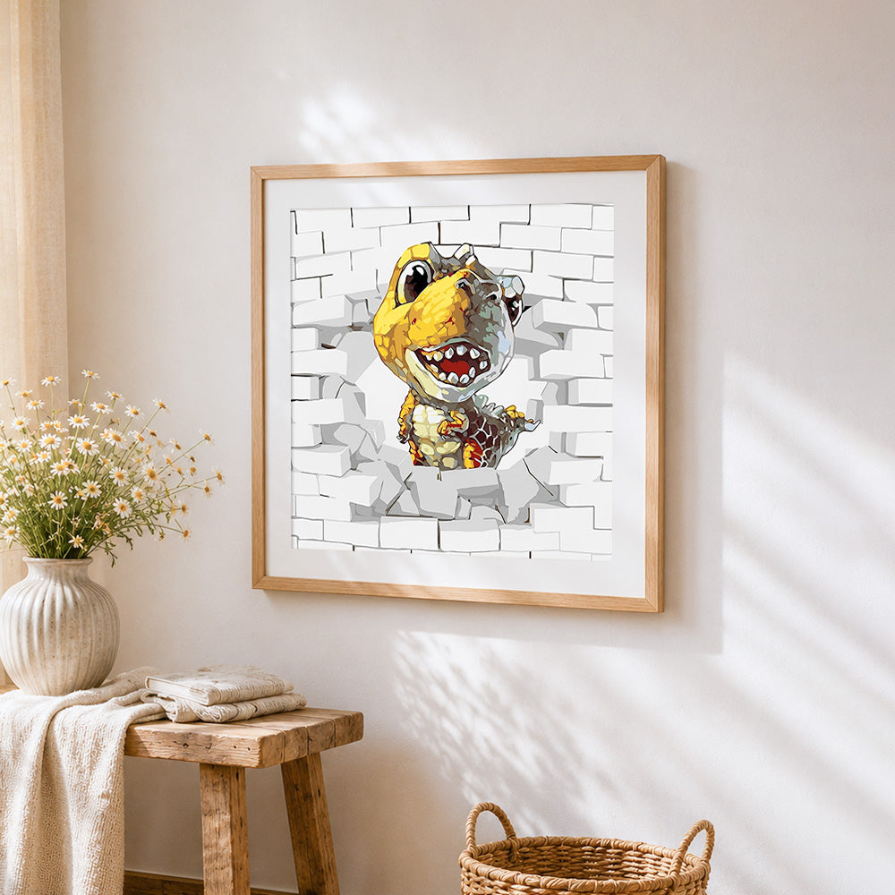 Cute cartoon dinosaur breaking through brick wall paint by numbers artwork displayed on wall as home decor
