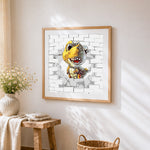Cute cartoon dinosaur breaking through brick wall paint by numbers artwork displayed on wall as home decor