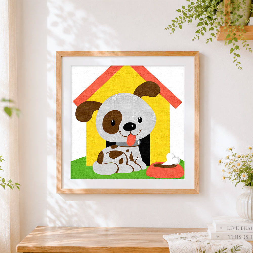 Finished cute cartoon dog in a kennel cross stitch artwork displayed