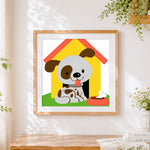 Finished cute cartoon dog in a kennel cross stitch artwork displayed