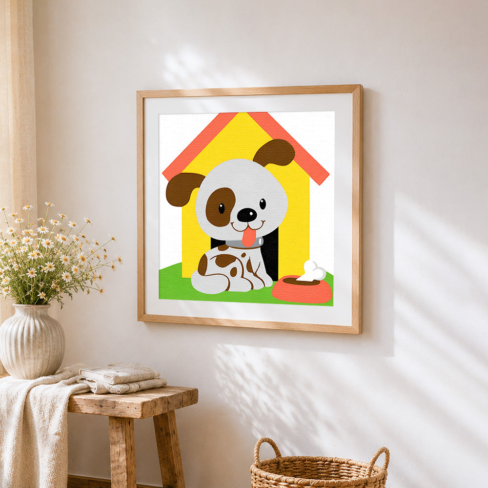 Cute cartoon dog in a kennel cross stitch artwork displayed on wall as home decor