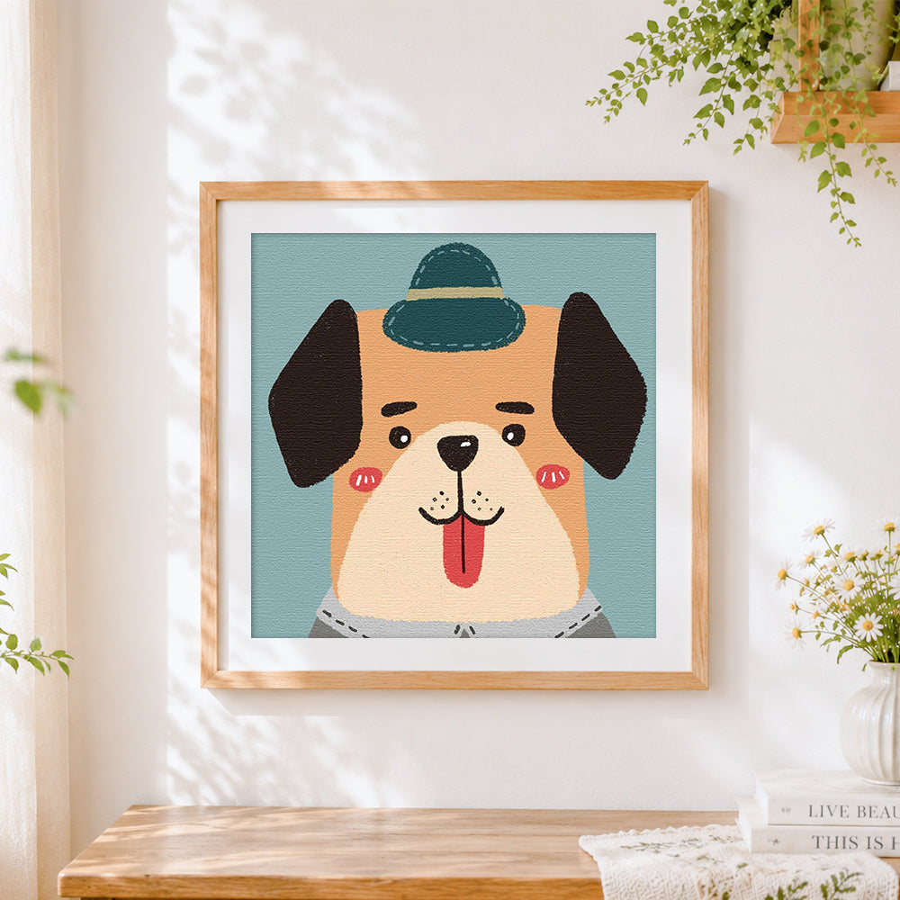 Finished cute cartoon dog with a hat cross stitch artwork displayed