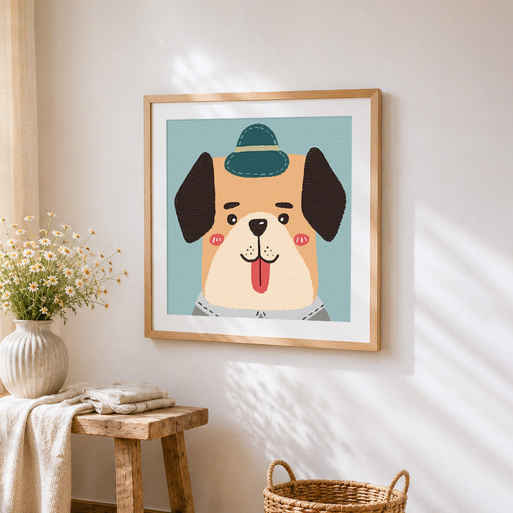 Cute cartoon dog with a hat cross stitch artwork displayed on wall as home decor