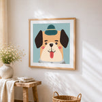 Cute cartoon dog with a hat cross stitch artwork displayed on wall as home decor