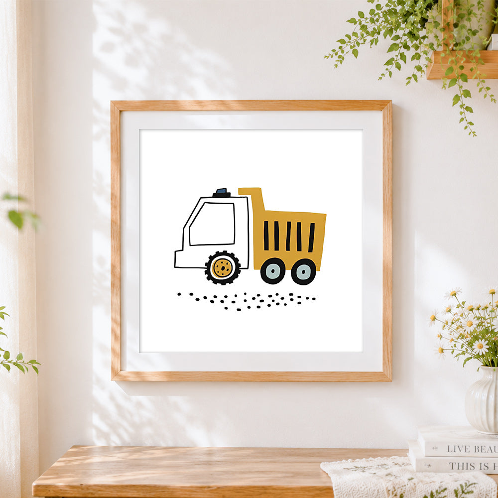 Finished cute cartoon dump truck cross stitch artwork displayed