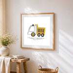 Cute cartoon dump truck cross stitch artwork displayed on wall as home decor