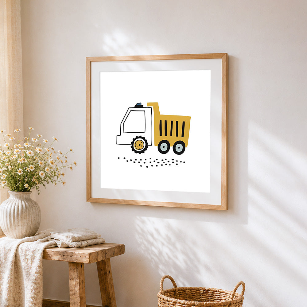 Cute cartoon dump truck cross stitch artwork displayed on wall as home decor