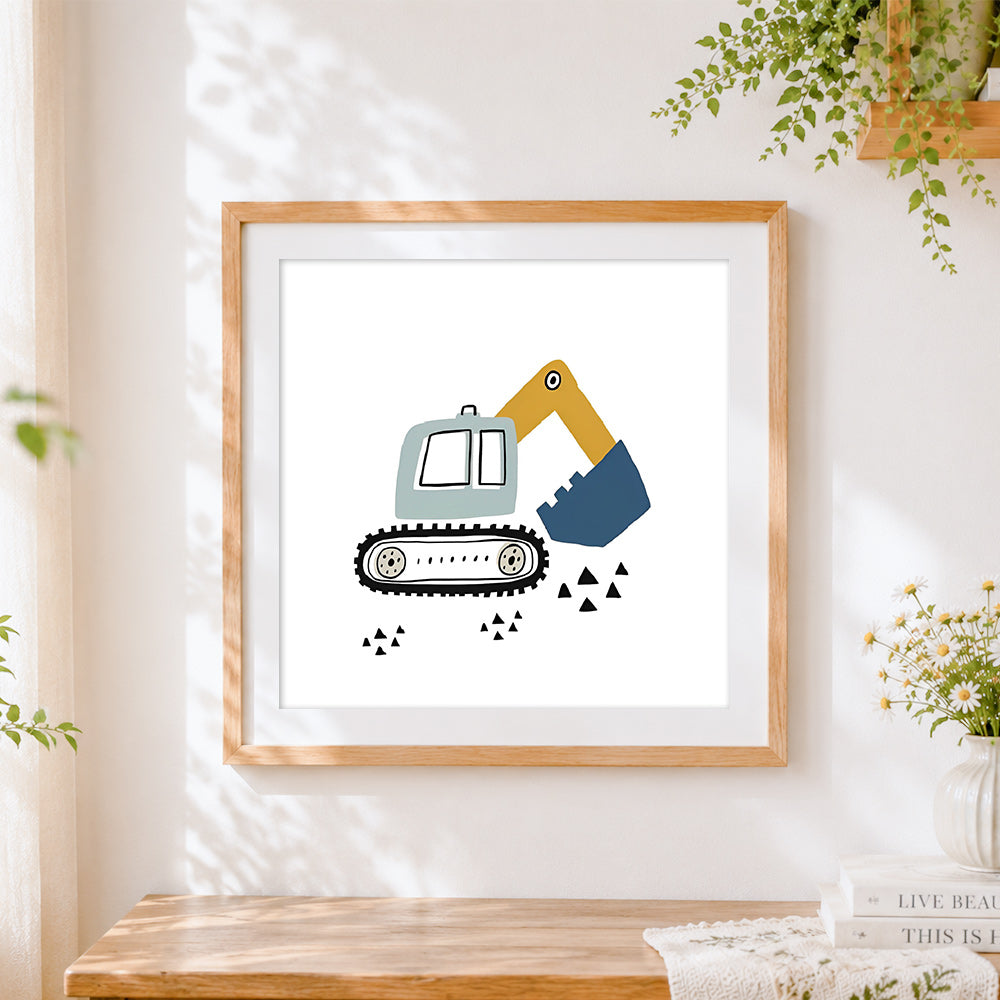 Finished cute cartoon excavator cross stitch artwork displayed