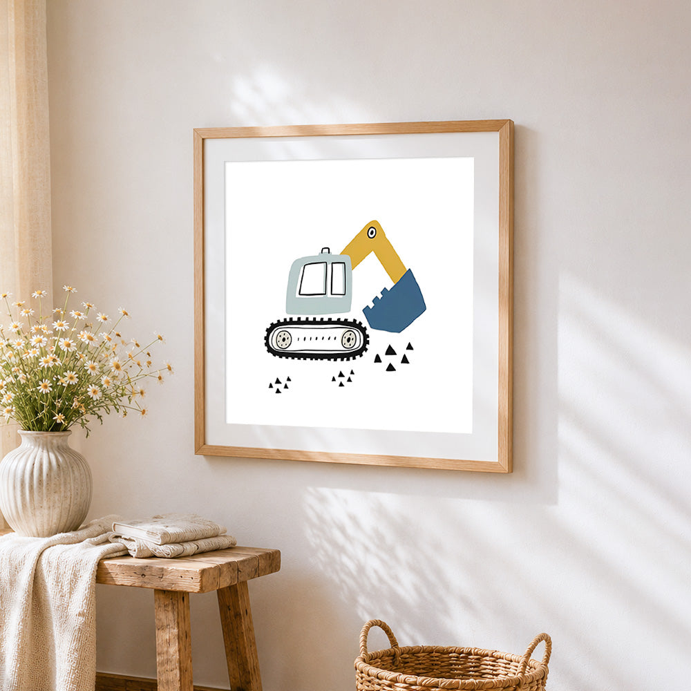 Cute cartoon excavator cross stitch artwork displayed on wall as home decor
