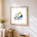 Cute cartoon excavator cross stitch artwork displayed on wall as home decor