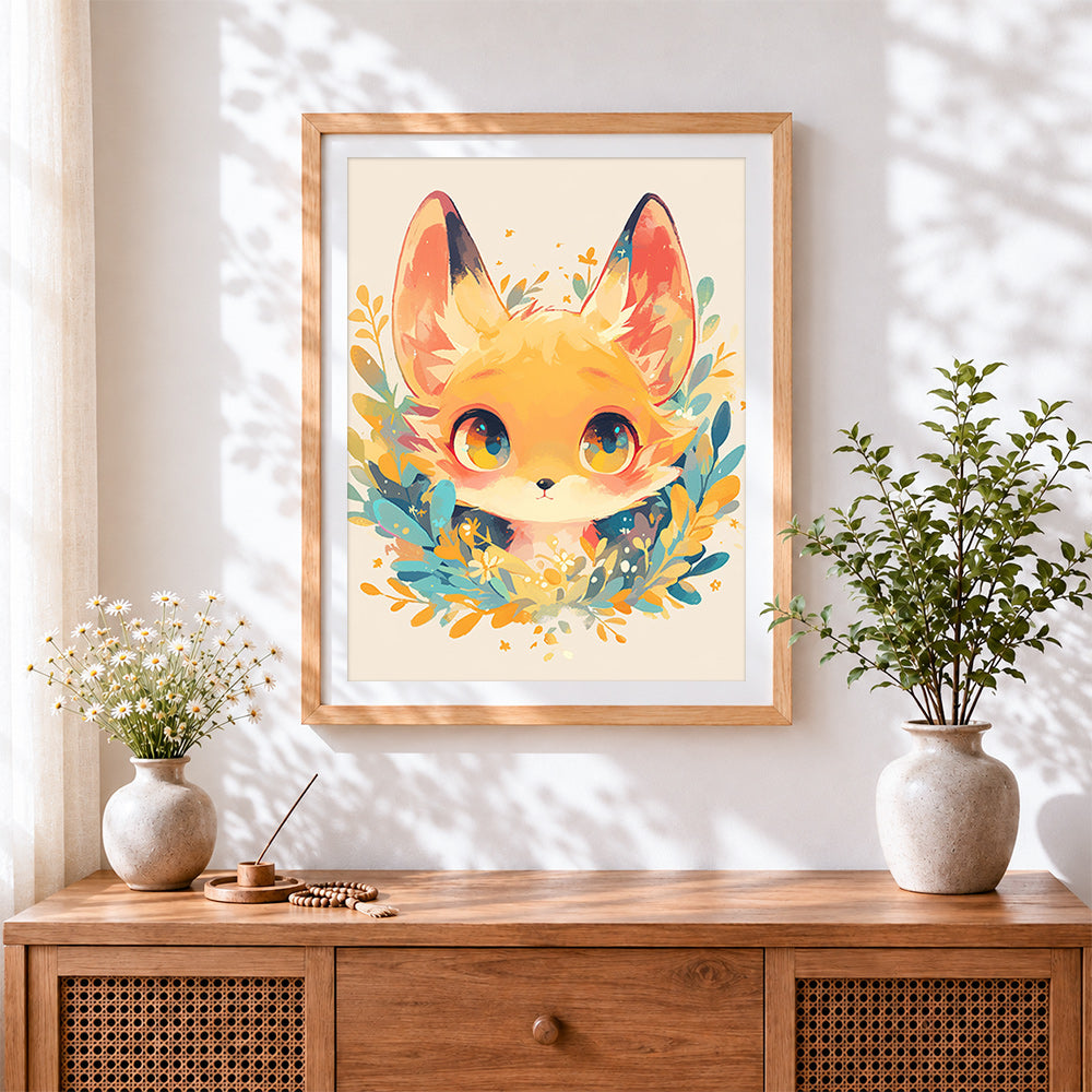 Finished cute cartoon fox portrait cross stitch artwork displayed