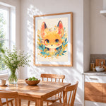 Cute cartoon fox portrait cross stitch artwork displayed on wall as home decor