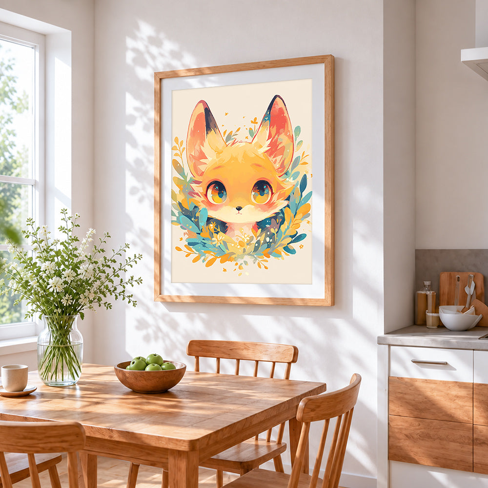 Cute cartoon fox portrait cross stitch artwork displayed on wall as home decor