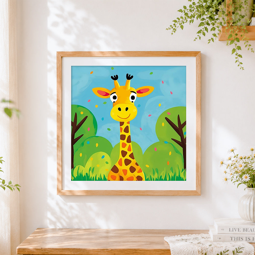 Finished cute cartoon giraffe in the jungle cross stitch artwork displayed