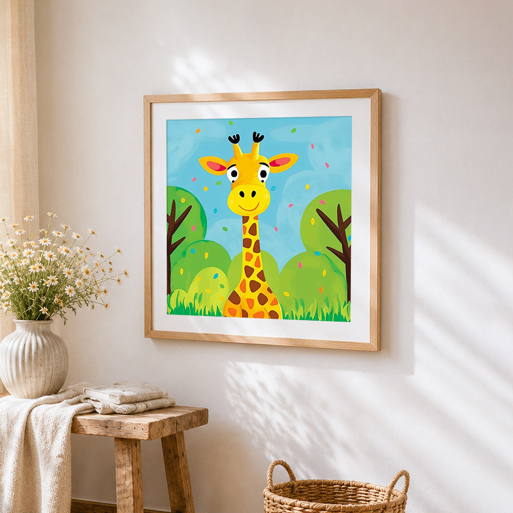 cute cartoon giraffe in the jungle cross stitch artwork displayed on wall as home decor