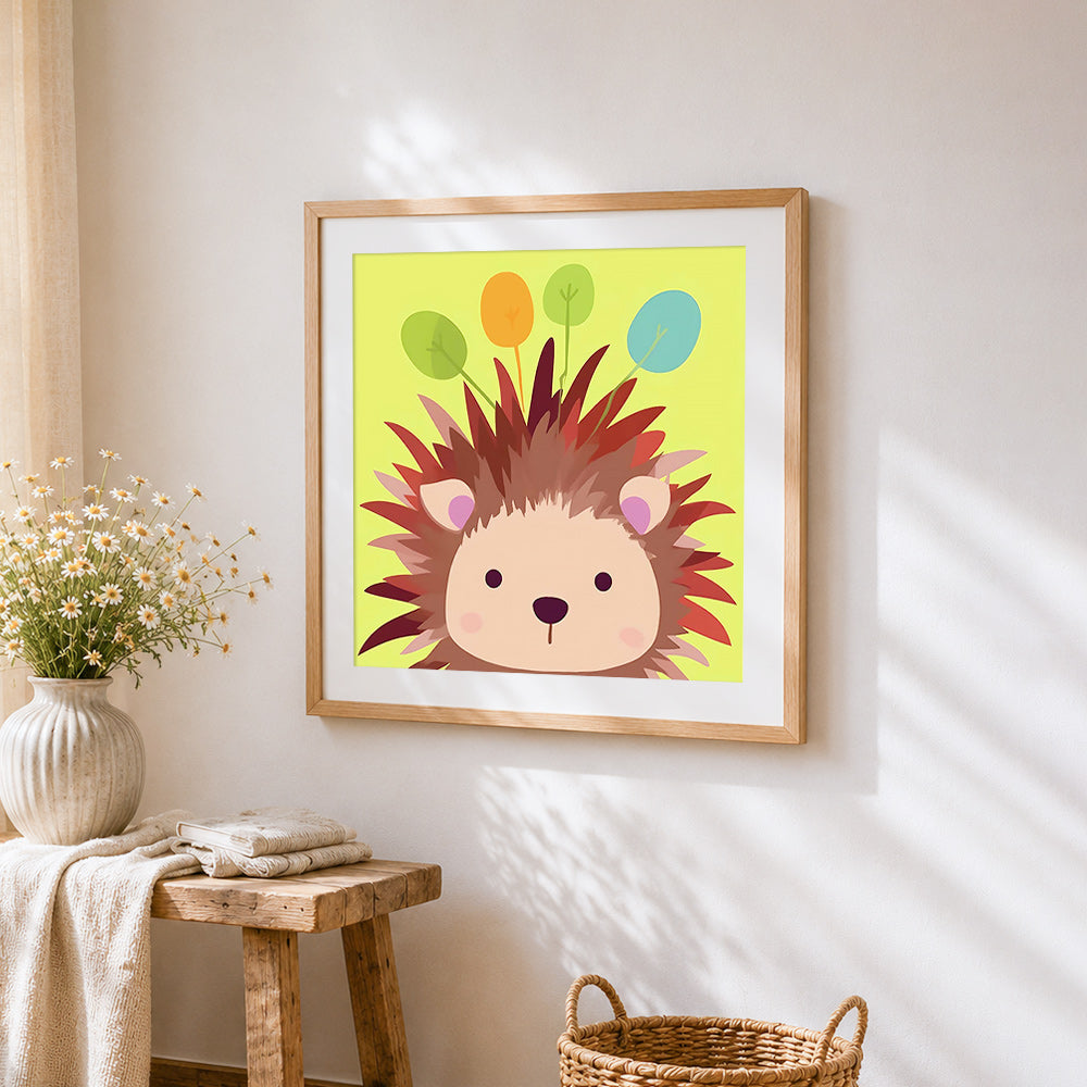 Cute cartoon hedgehog cross stitch artwork displayed on wall as home decor