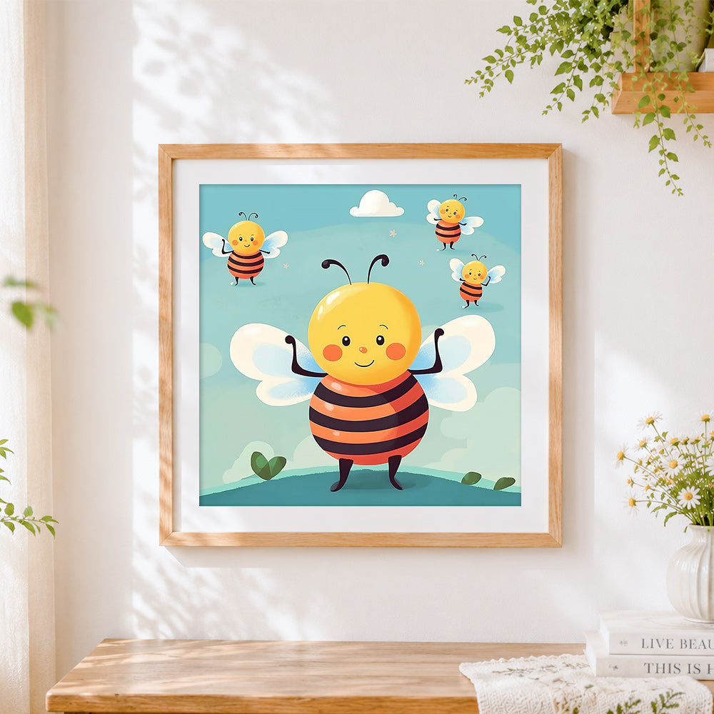 Finished cute cartoon honeybees cross stitch artwork displayed