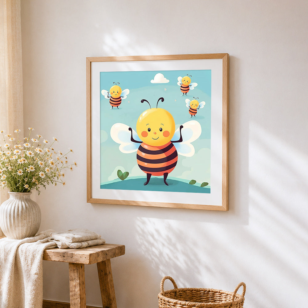 Cute cartoon honeybees cross stitch artwork displayed on wall as home decor
