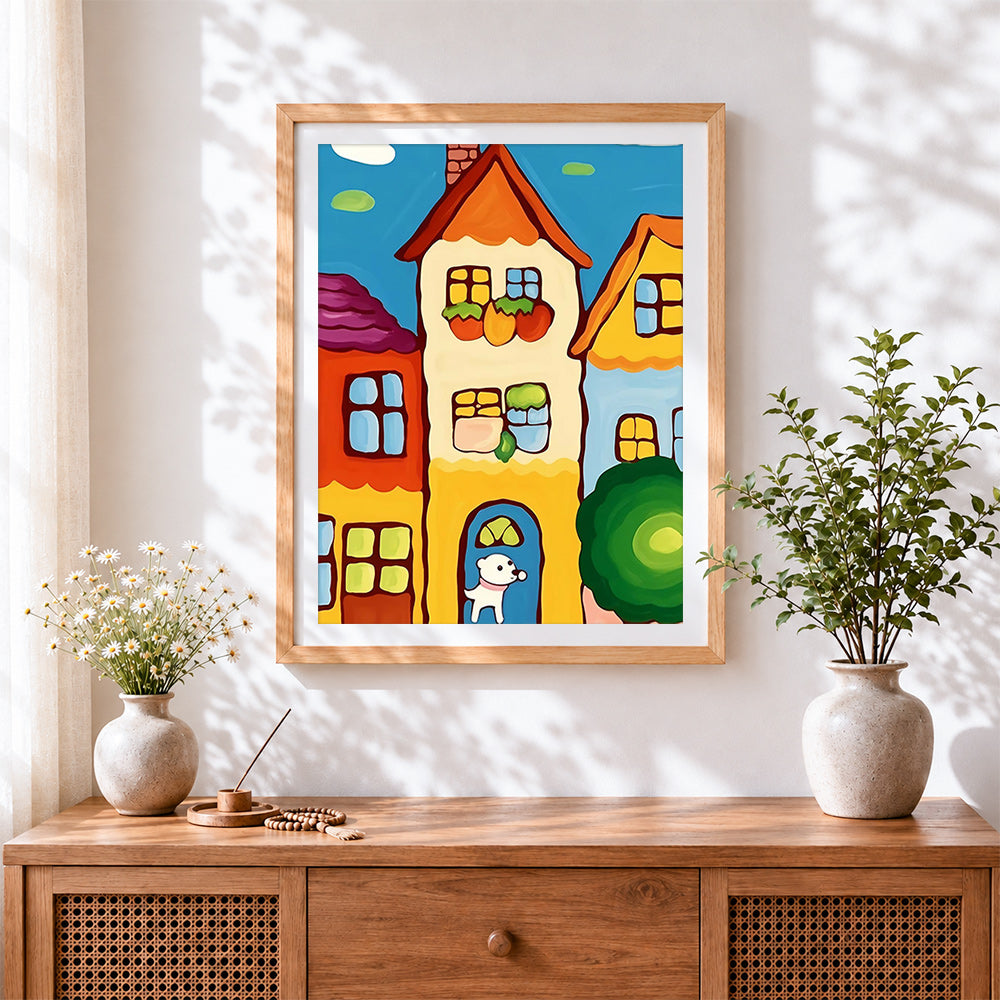 Finished cute cartoon houses with dog cross stitch artwork displayed