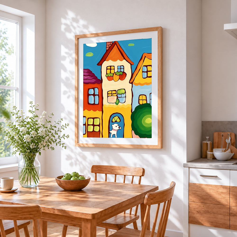 Cute cartoon houses with dog cross stitch artwork displayed on wall as home decor