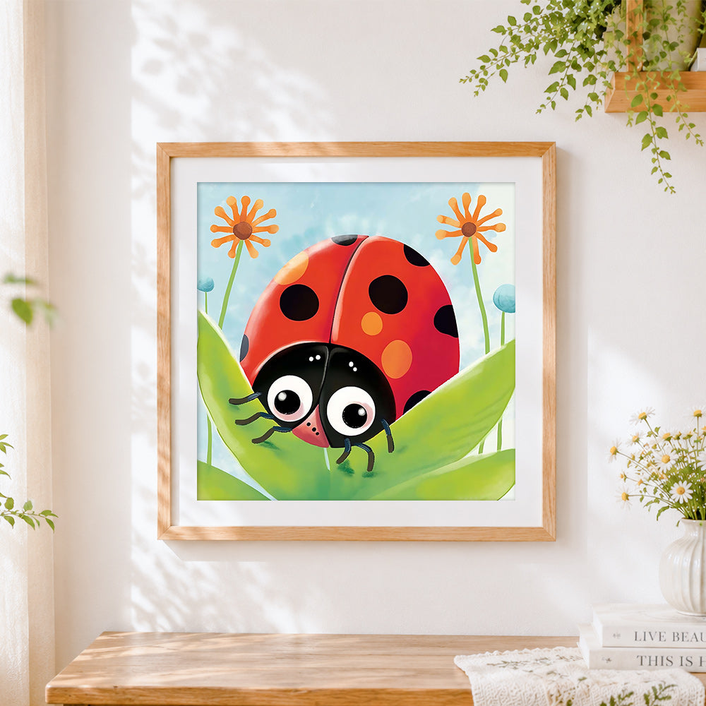 Finished cute cartoon ladybird on a leaf cross stitch artwork displayed