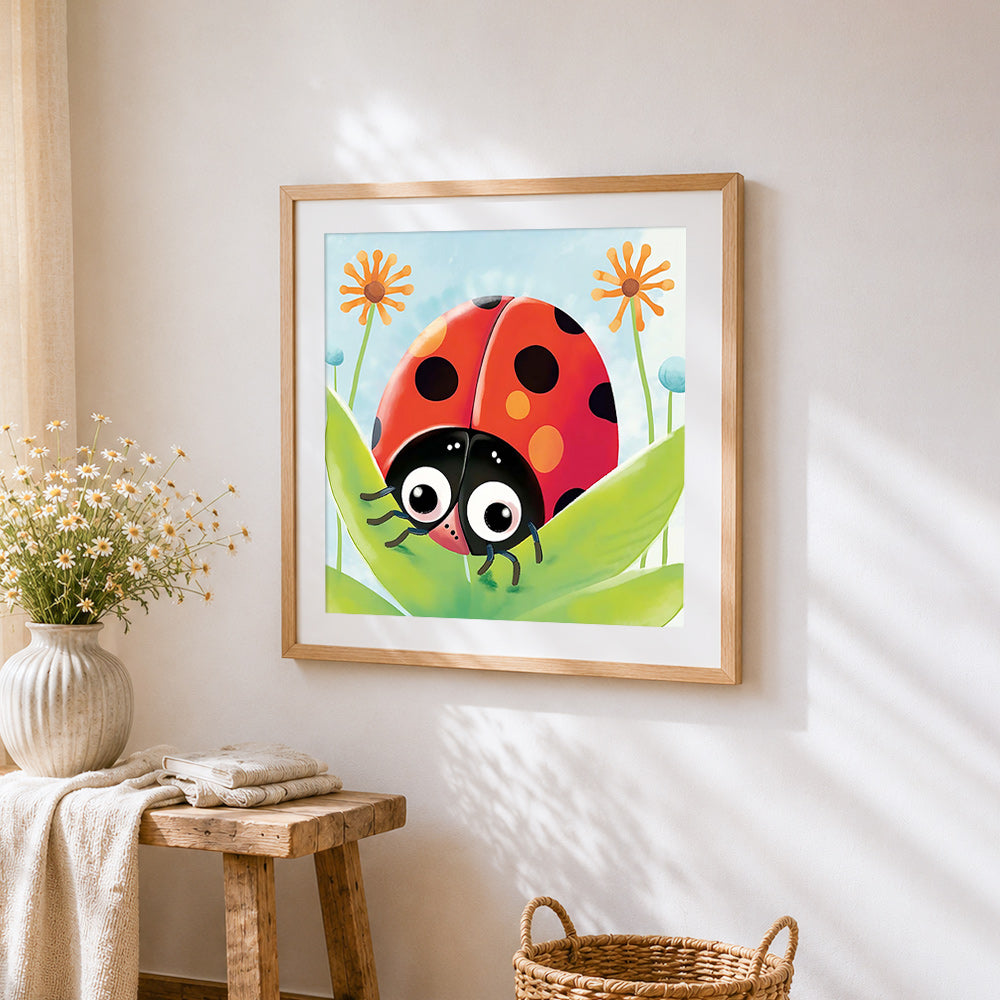 Cute cartoon ladybird on a leaf cross stitch artwork displayed on wall as home decor