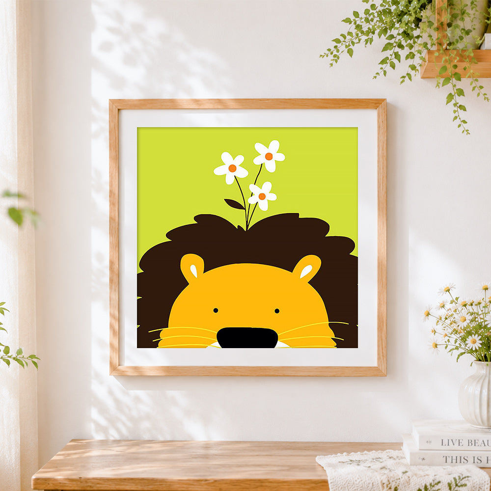 Finished cute cartoon lion with flowers cross stitch artwork displayed