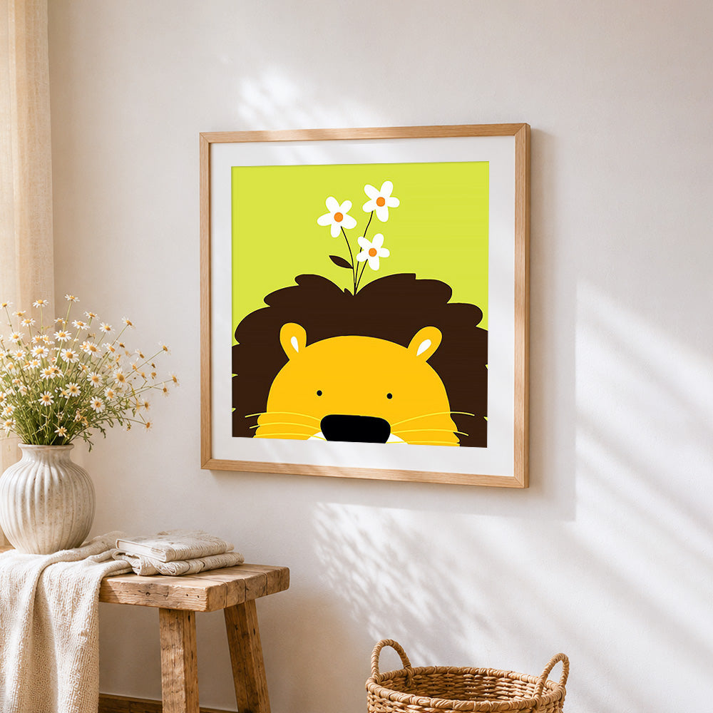 Cute cartoon lion with flowers cross stitch artwork displayed on wall as home decor