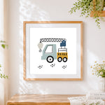 Finished cute cartoon mobile crane cross stitch artwork displayed