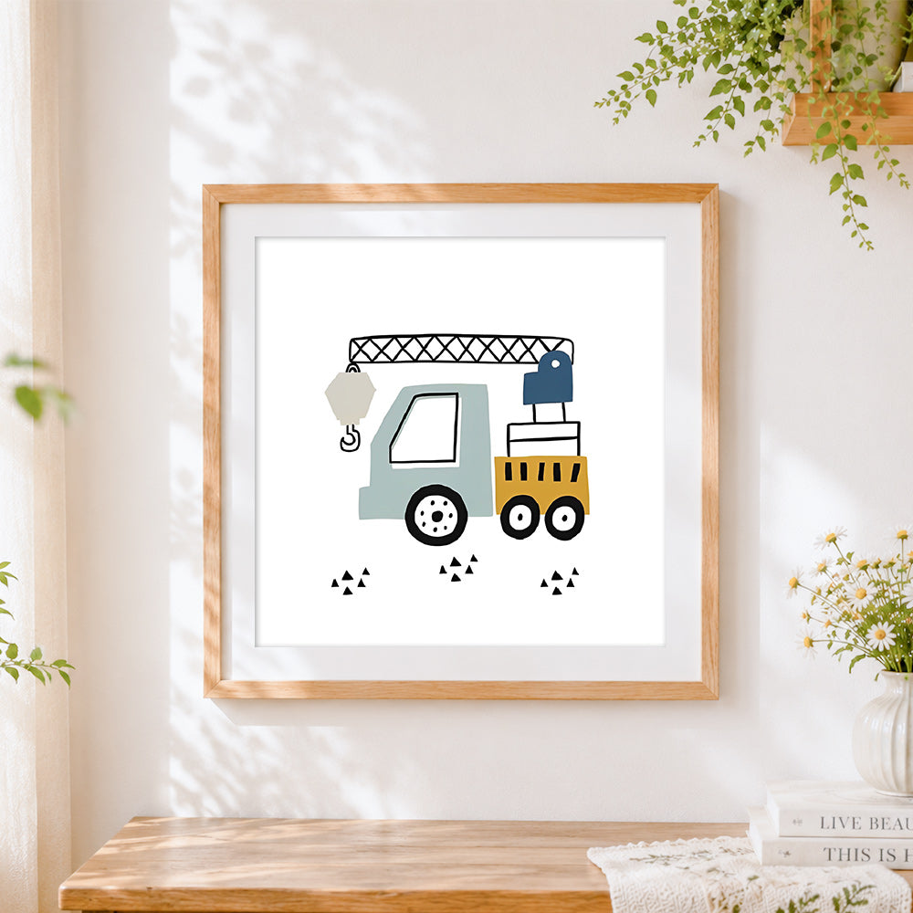 Finished cute cartoon mobile crane cross stitch artwork displayed