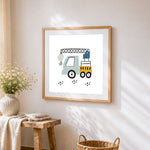 Cute cartoon mobile crane cross stitch artwork displayed on wall as home decor