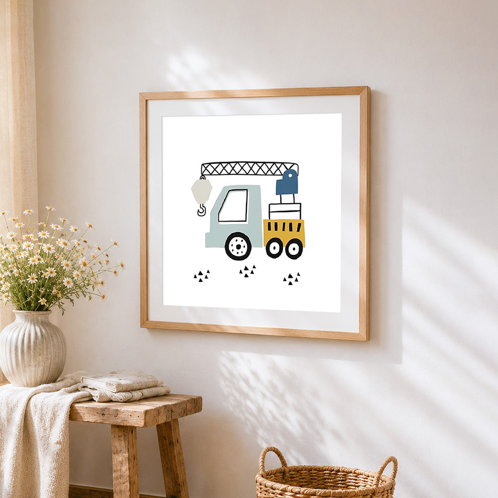 Cute cartoon mobile crane cross stitch artwork displayed on wall as home decor
