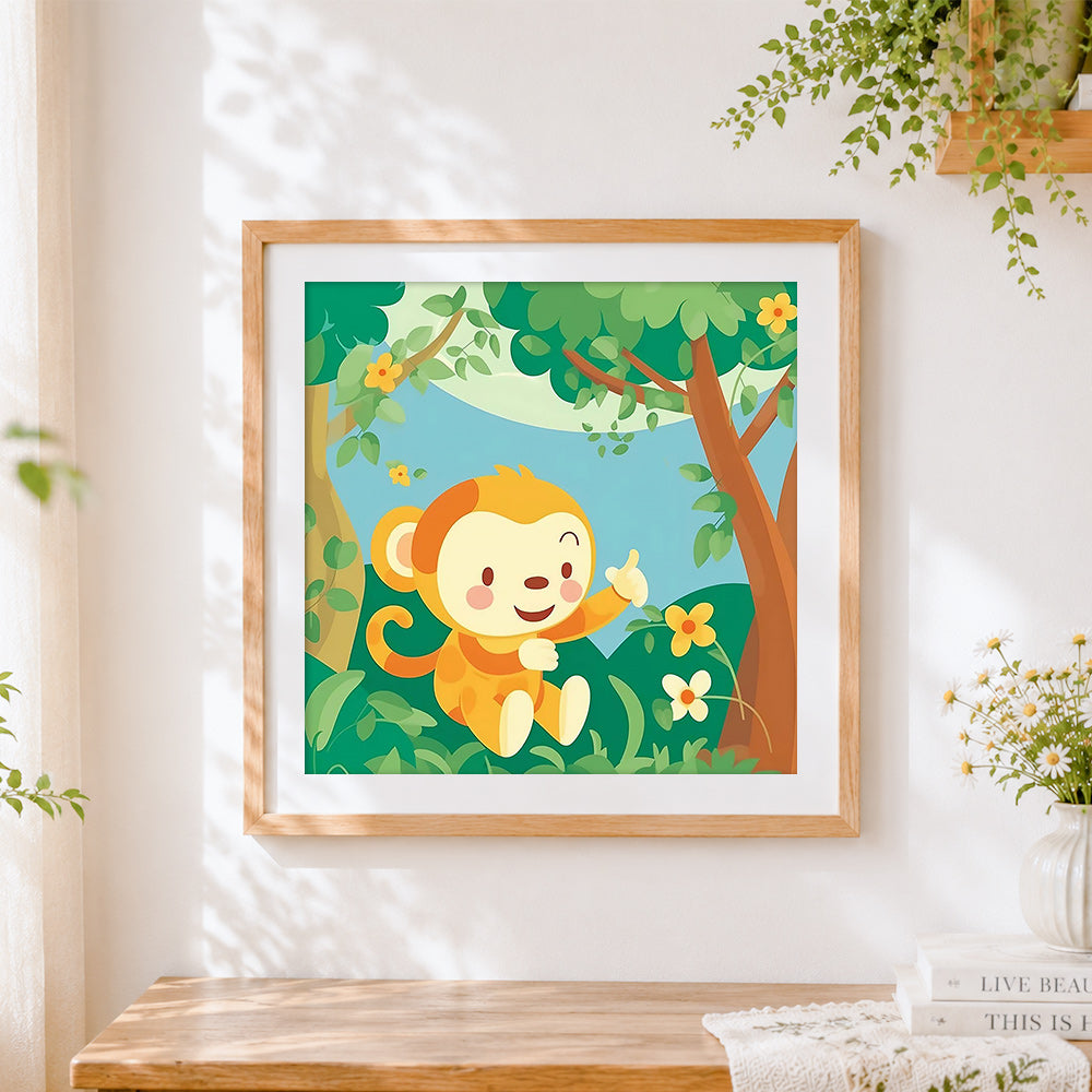 Finished cute cartoon monkey in the jungle cross stitch artwork displayed