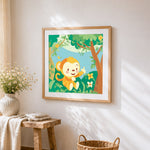 Cute cartoon monkey in the jungle cross stitch artwork displayed on wall as home decor