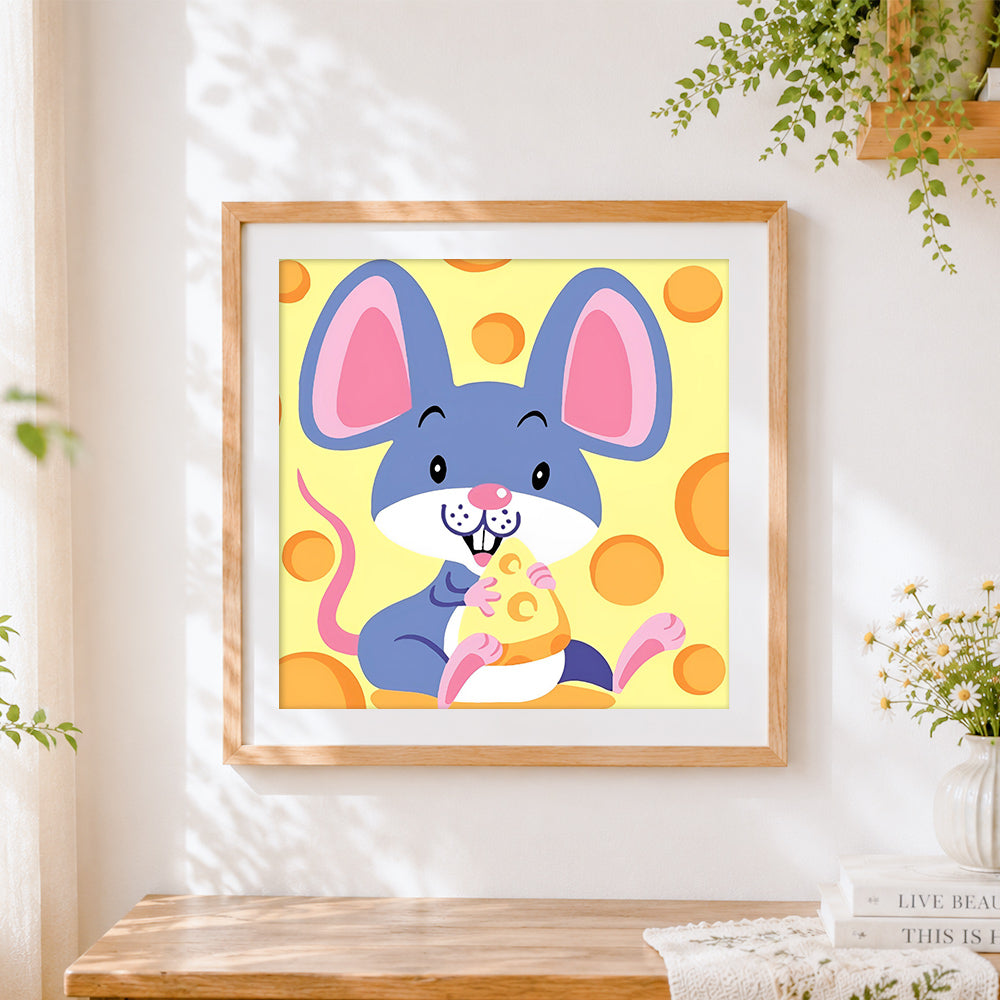 Finished cute cartoon mouse eating cheese cross stitch artwork displayed